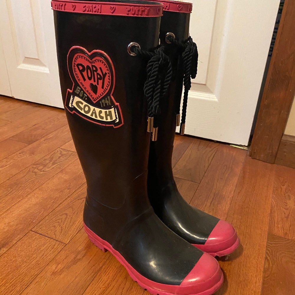 Coach Black and Pink Poppy Tall Rain Boots
